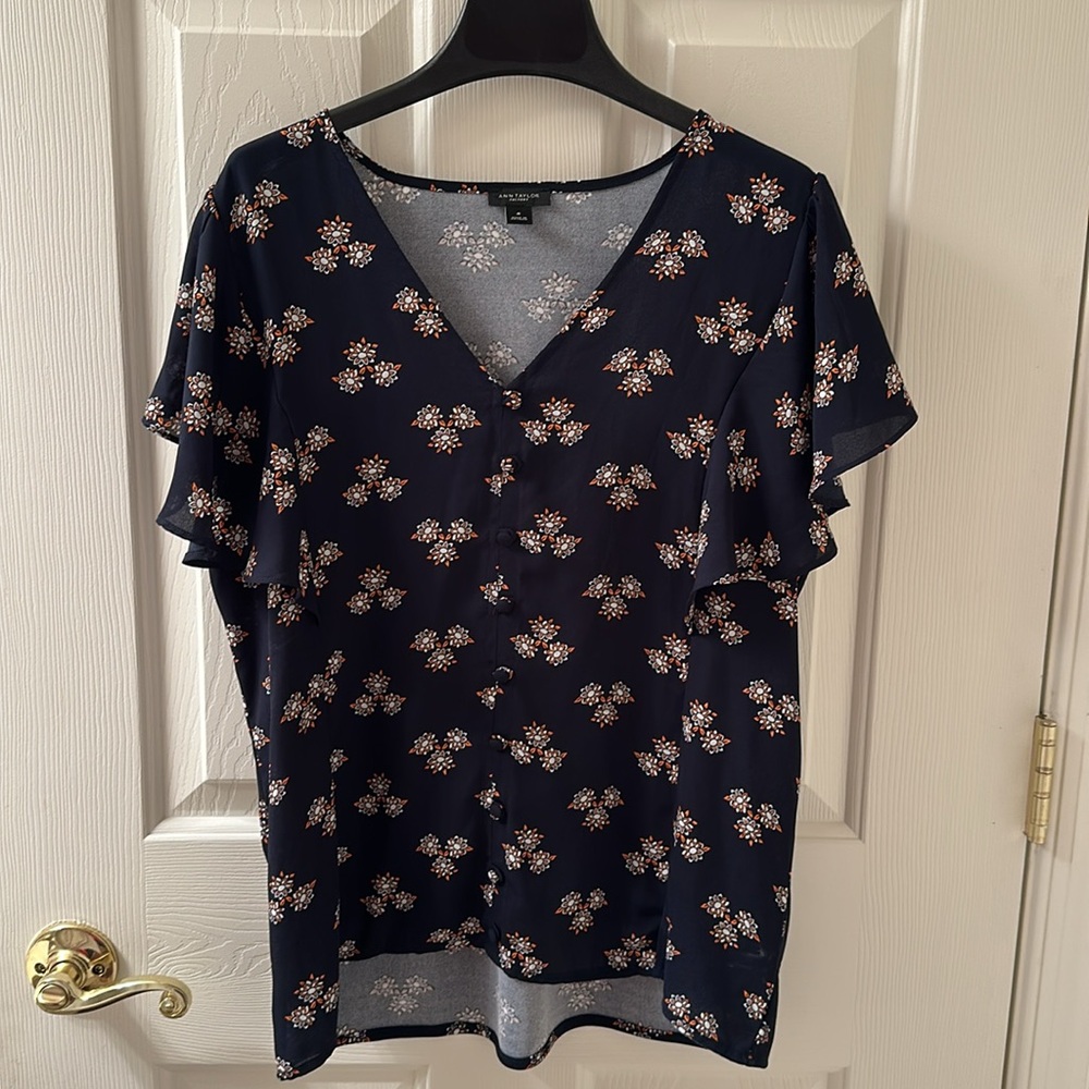 Ann Taylor Factory Navy Blue Floral Blouse